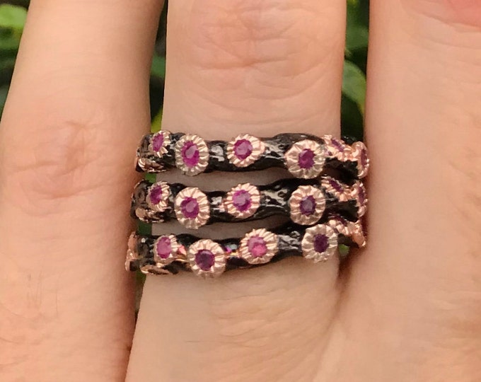 Rustic Ruby Women Wedding Band- Unique Womens Wedding Band- Half Eternity Band- Organic Ruby Band- Black Wedding Band- Stackable Band Ring