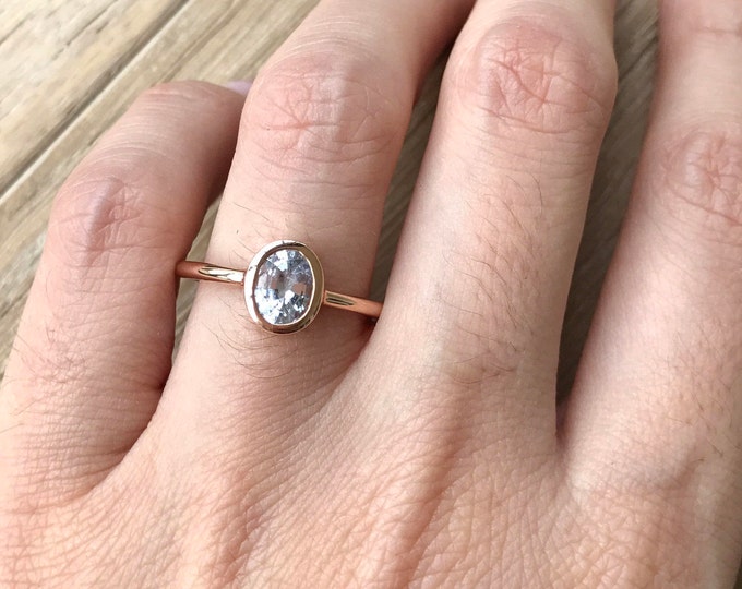 White Sapphire Promise Ring- Oval Sapphire Engagement Ring- Rose Gold Promise Ring- September Birthstone Stackable Ring-Simple Sapphire Ring