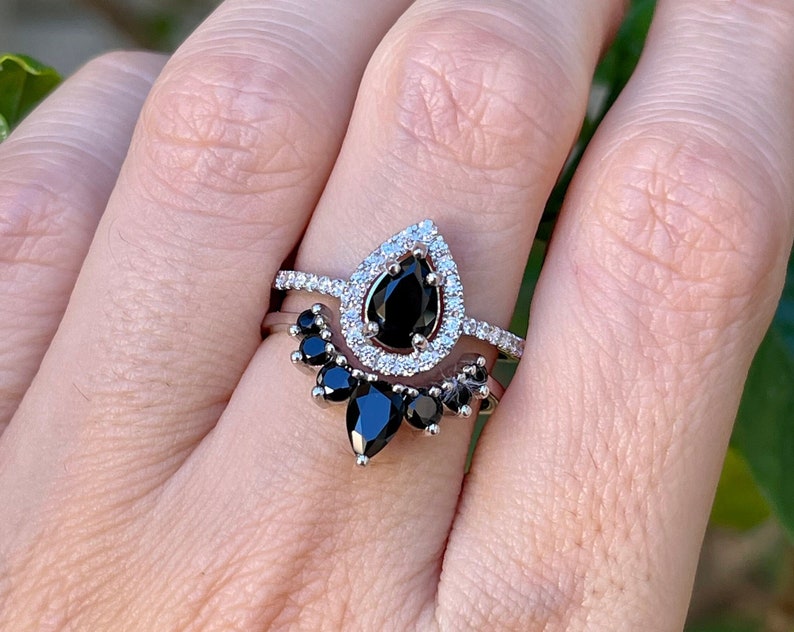 Teardrop Black Onyx Engagement Silver Ring Set Pear Black Diamond Alternative 2 Rose Ring Black Halo Ring with Wedding Band image 1