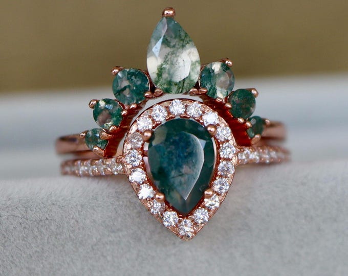 Teardrop Moss Agate Halo Bridal 2 Ring Set- Pear Natural Moss Agate Engagement Ring- Genuine Green Gemstone Promise Ring and Moss Agate Band