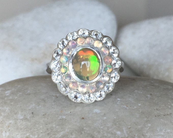 Genuine Opal Vintage Cluster Solitaire Double Halo Ring- Natural Opal Floral Multistone Promise Ring- Large Fire Opal Flower Statement Ring