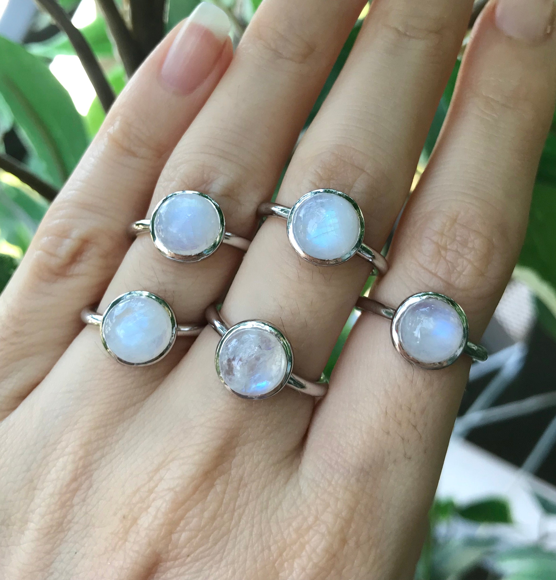 Round Milky Rainbow Moonstone Cabochon Stackable Ring Round Milky Rainbow Moonstone Cabochon Stackable Ring