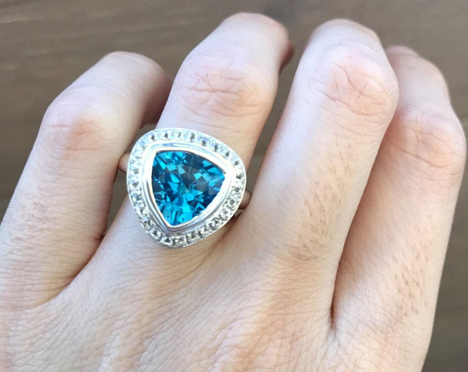 London Blue Topaz Triangle Large Ring- Blue Topaz Engagement Gemstone Ring- Dark Blue Topaz Deco Statement Ring