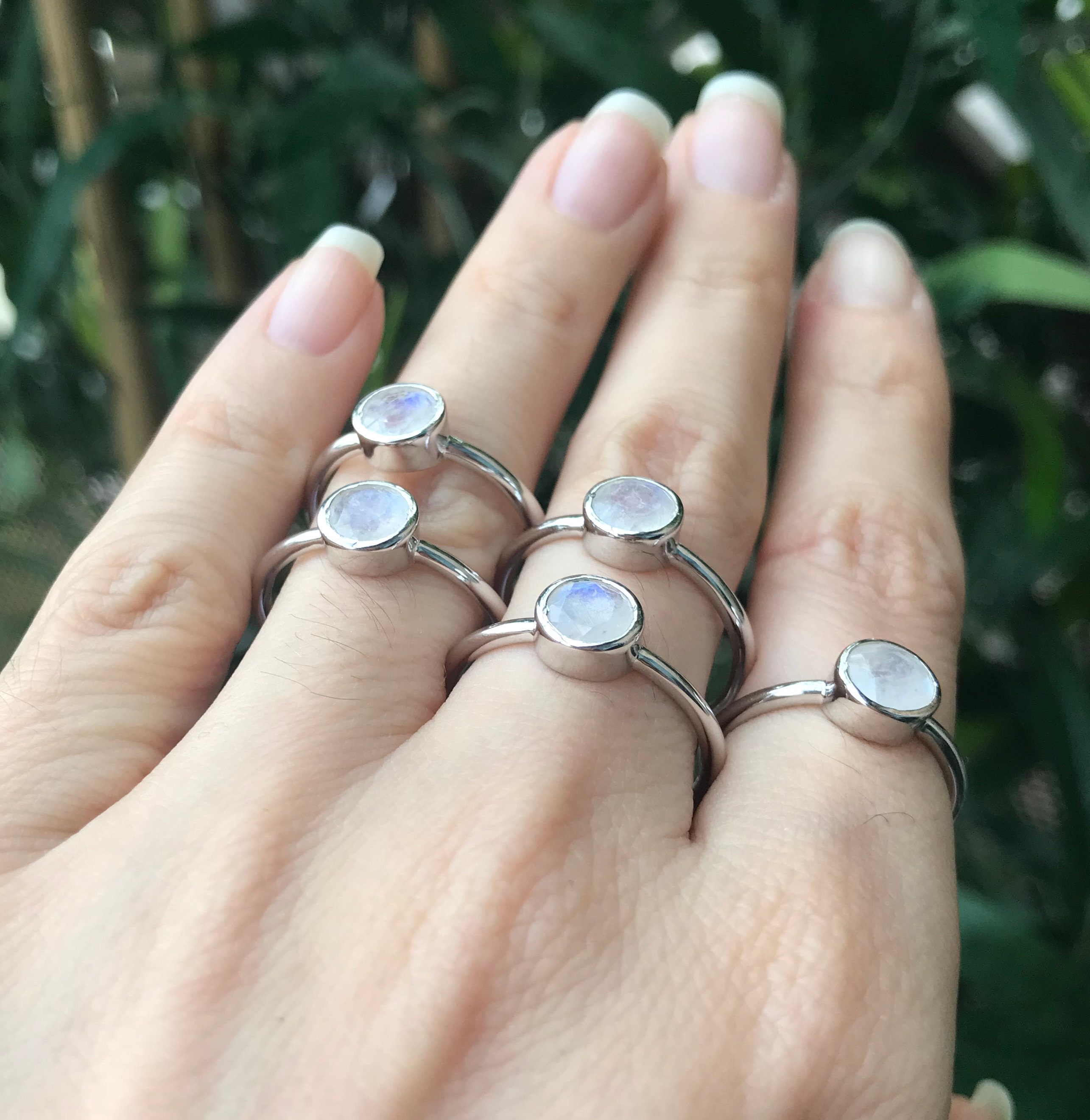 Small Round Moonstone Stack Ring 6mm Petite Rainbow Moonstone Ring Boho Iridescent Ring Simple Bohemian Bezel Ring Layering Gypsy Rings