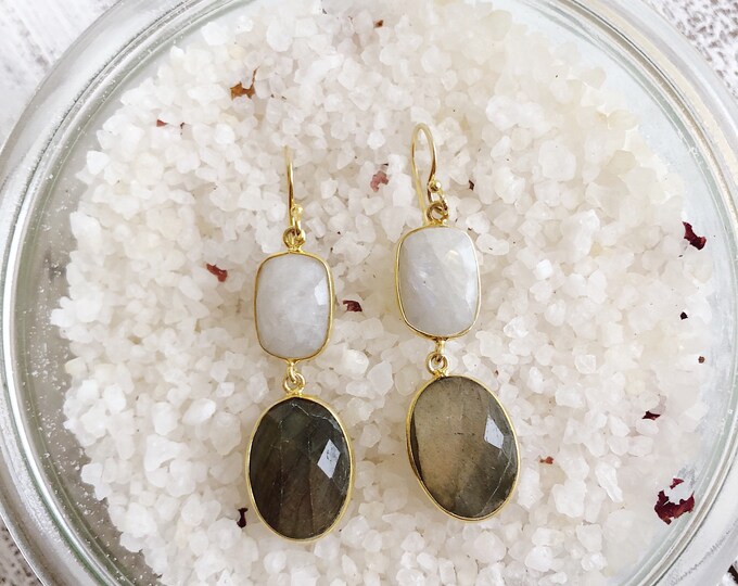 Bohemian Raw Moonstone Labradorite Dangle Earring- Two Stone Long Drop Earring- Boho Gemstone Jewelry for Her- Handmade Raw Earring