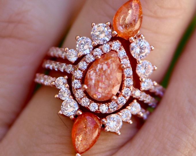 Teardrop Sunstone Halo Bridal 3 Sterling Silver Rings- Pear Genuine Sunstone Engagement Rose Gold Ring- Natural Sunstone Gold Plated Ring