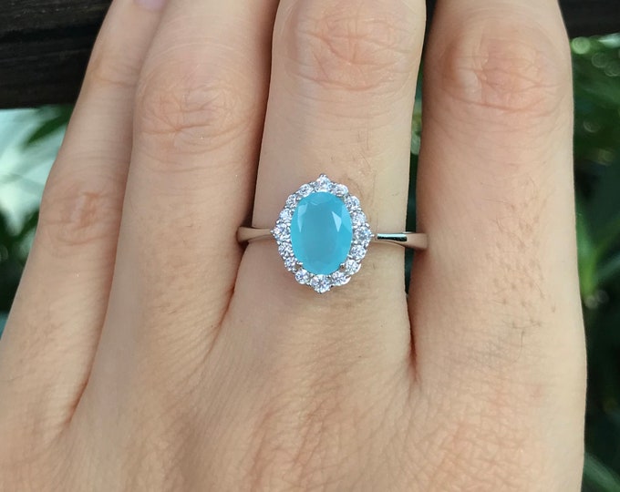 Oval Chalcedony Halo Promise Ring for Her- Solitaire Blue Gemstone Petite Ring- Blue Stone Dainty Ring- Something Blue Anniversary Ring