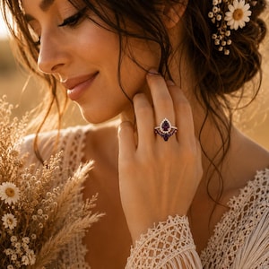 Teardrop Purple Amethyst Halo Engagement Silver 2 Ring Set