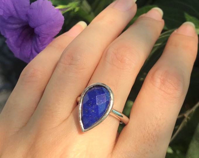 Teardrop Lapis Lazuli Silver Ring- Custom Sizing Solitaire Genuine Natural September Birthstone Simple Handmade 925 Silver Lapis Lazuli