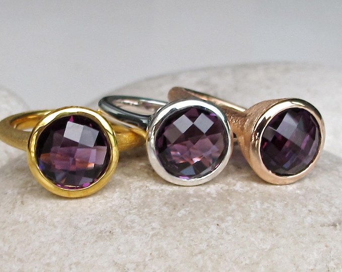 Gold Amethyst Ring Rose Gold Sterling Silver Round Solitaire February Ring Genuine Natural Faceted Simple Purple Gemstone All Sizes 9 10