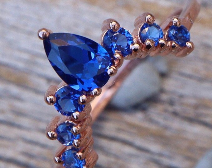 Blue Sapphire Curve Sterling Silver Wedding Band- Dark Deep Vivid Blue Nesting Contour Rose Band-Chevron V Half Circle Gold Plated Band