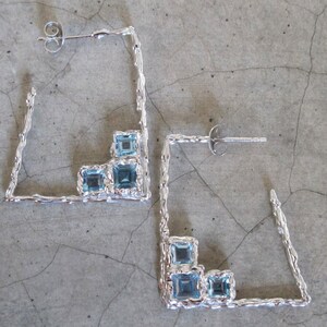 Blue Topaz Hoop Earring- Large Hoop Dangle Earring- Square Shape Hoop Earring- Edgy Whimsy Earring- Unique Avante Garde Earring