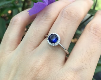 Round Blue Sapphire Promise Ring for Her- Dainty Halo Sapphire Sterling Silver Ring- Blue Stone Anniversary Ring- September Birthstone Ring