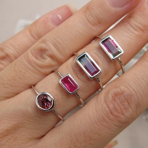 WaterMelon Tourmaline Rectangle White Gold Ring- Genuine Tourmaline Round Bezel Ring-Natural Pink Tourmaline Ring- October Birthstone Ring