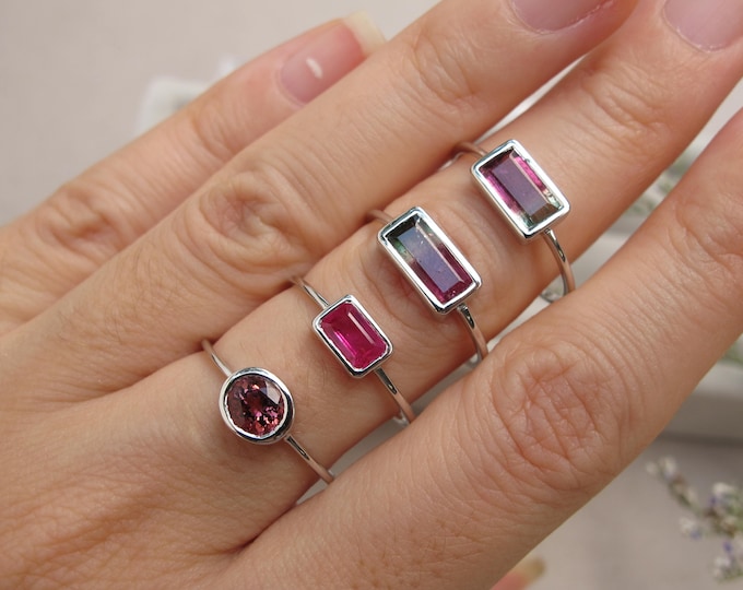 WaterMelon Tourmaline Rectangle White Gold Ring- Genuine Tourmaline Round Bezel Ring-Natural Pink Tourmaline Ring- October Birthstone Ring