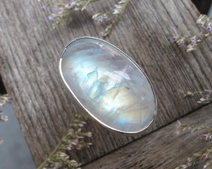 Large Cabochon Rainbow Moonstone Silver Ring- Elongated Oval Genuine Moonstone Iridescent Statement Ring- Rainbow Solitaire Ring- June Ring