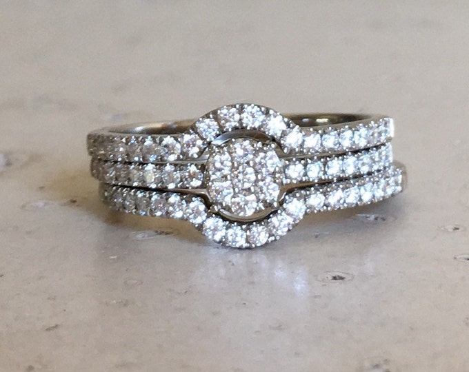 Cluster Genuine Diamond Dainty Engagement Rings- Solid 14k White Gold Colorless Simple Bridal Ring- 3 Ring Delicate Stackable Ring Set