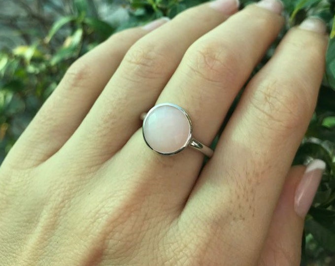 Stackable Round Opal Ring- October Birthstone Ring- Pink Gemstone Ring- Pink Stone Ring- Gifts for Her- Faceted Bezel Sterling Silver Ring