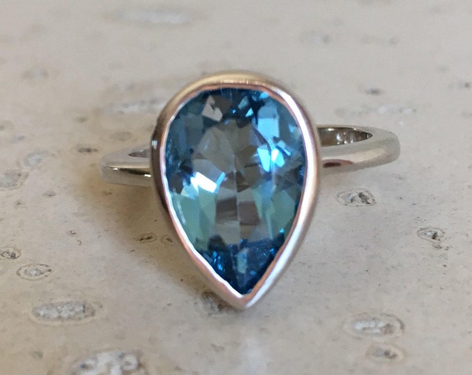 London Blue Topaz Teardrop Silver Ring- Dark Blue Topaz Pear Solitaire Ring -December Birthstone Ring- Pear Shape Ring- Simple Bezel Ring