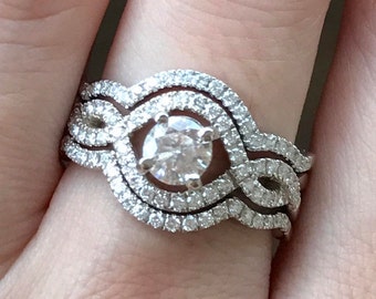 0.74ct Round Moissanite Vintage Antique Engagement 3 Ring Set- Art Deco Bridal Set Ring- Forever One Moissanite Ring- 14K White Gold Ring