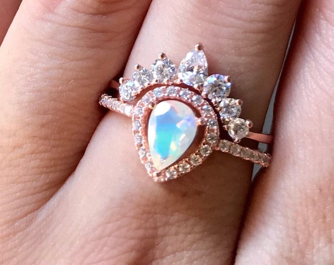 Teardrop Genuine Opal Engagement Vintage Ring Set- Natural Opal Halo Promise Ring- Pear Welo Opal Anniversary Ring- October Birthstone Ring