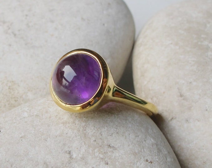 Round Amethyst Healing Cab Silver Ring- Purple Amethsyt Solitaire Ring- February Birthstone Ring- Natural Genuine Amethyst Ring- Purple Ring