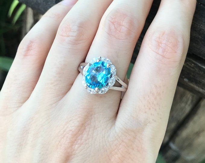 Swiss Blue Topaz Halo Solitaire Ring- Oval Blue Topaz Anniversary Split Ring- Unique Blue Gemstone Engagement Ring- December Birthstone Ring