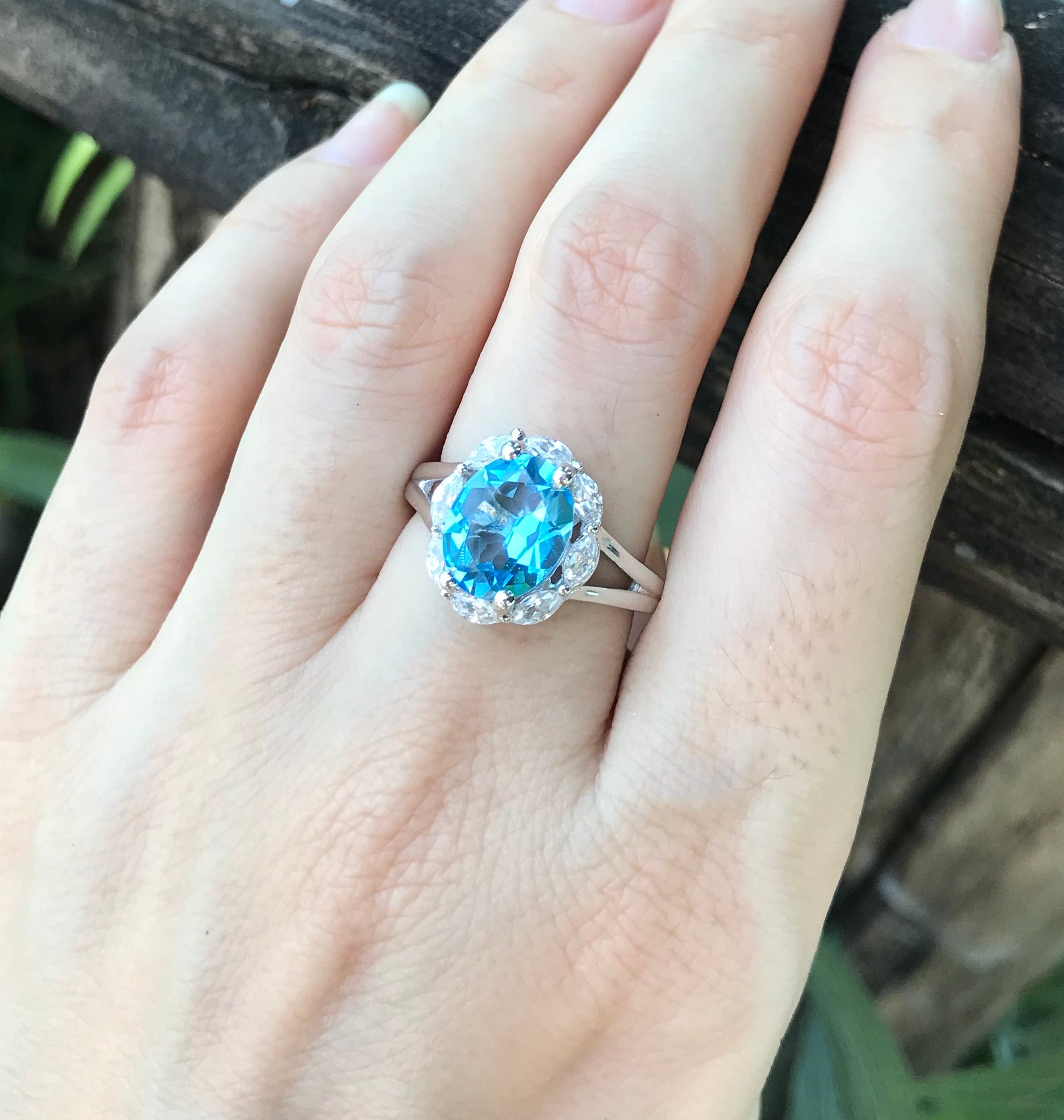 Swiss Blue Topaz Halo Solitaire Ring- Oval Blue Topaz Anniversary Split