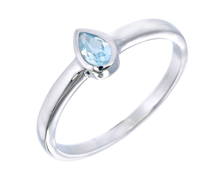 Genuine Blue Topaz Stack Teardrop Ring- Light Blue Pear Bezel Dainty Ring- Silver Stone Ring for Children Teen- December Birthstone Ring
