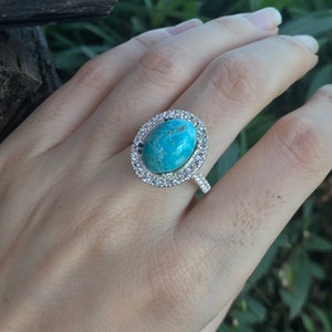 6.07ct Halo Turquoise Large Engagement Women Ring-Oval Turquoise Promise Ring for Her-Statement Solitaire Turquoise Anniversary Ring