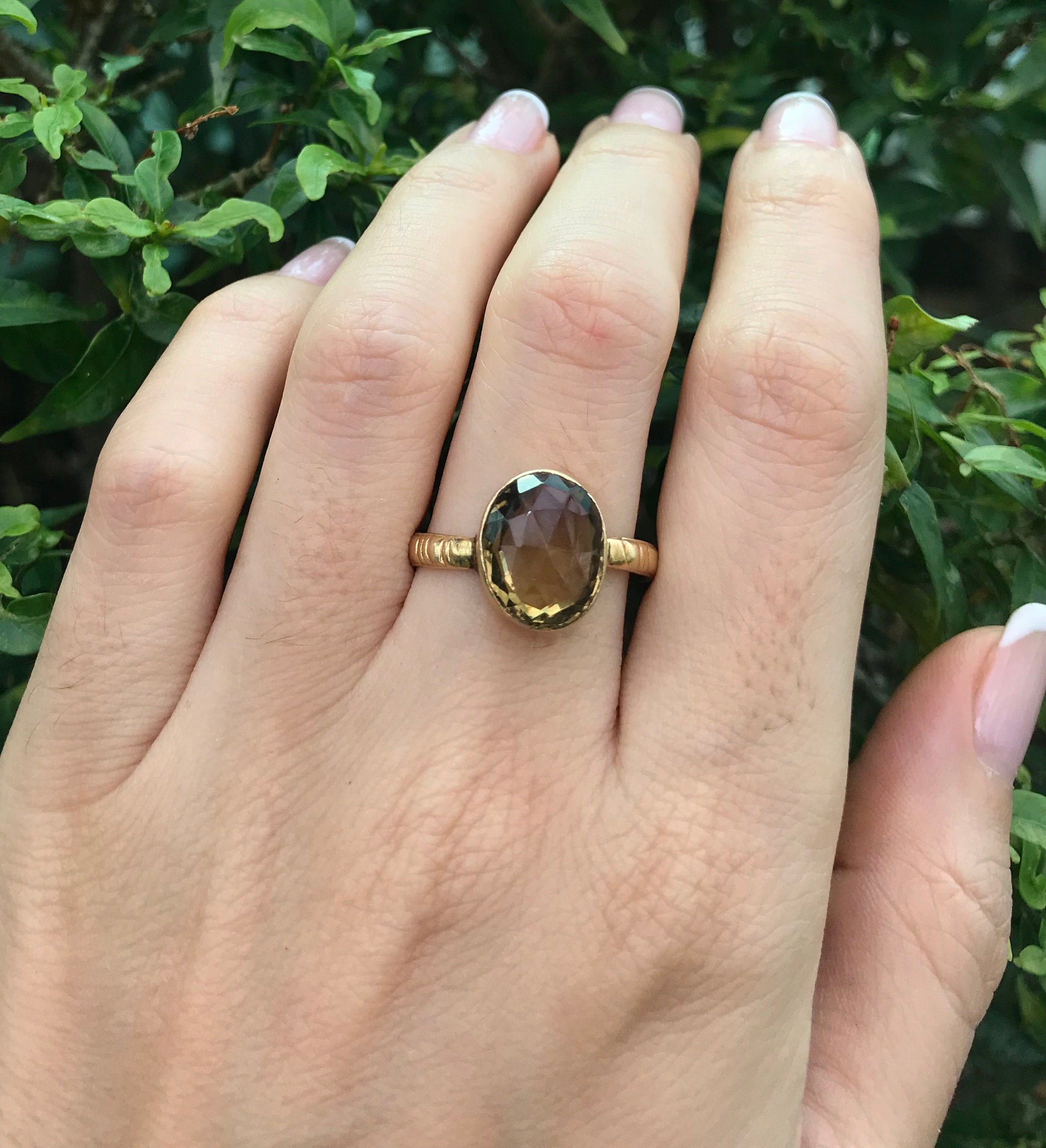 Smoky Quartz Oval Gold Ring- Smoky Topaz Gemstone Minimal Ring- Brown