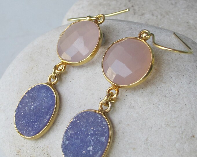 Pink Purple Druzy Mix Stone Dangle Earring- Two Stone Drop Unique Earring- OOAK Gemstone Long Earrings- Colorful Pink Purple Earring