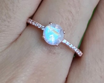 Rose Gold Moonstone Engagement Ring- 4 Prong Promise Ring for her- Rainbow Moonstone Solitaire Ring- Round Genuine Moonstone Classic Ring