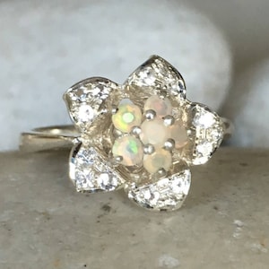 Floral Genuine Opal Engagement Ring- Flower Natural Opal Promise Ring- Round Opal Cluster Statement Ring- October Birthstone Ring