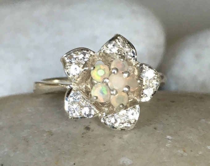 Floral Genuine Opal Engagement Ring- Flower Natural Opal Promise Ring- Round Opal Cluster Statement Ring- October Birthstone Ring