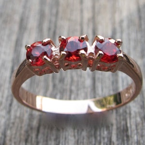 Rose Gold Genuine Ruby Ring- Three Stone Ruby Anniversary Ring- Ruby Engagement Ring- Red Ruby Promise Ring for her- July Birthstone Ring-