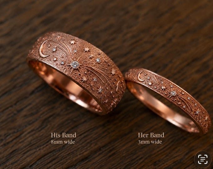 Celestial Moon and Shooting Star His & Hers Wedding Bands