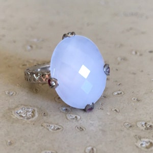 Floral Blue Engagement Ring- Vintage Gemstone Engagement Ring- Unique Promise Ring-Flower Boho Statement Ring-Blue Chalcedony Solitaire Ring