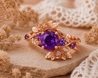 Floral Round Genuine Purple Amethyst with Diamond Nature Inspired Solitaire Ring