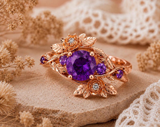 Floral Round Genuine Purple Amethyst with Diamond Nature Inspired Solitaire Ring