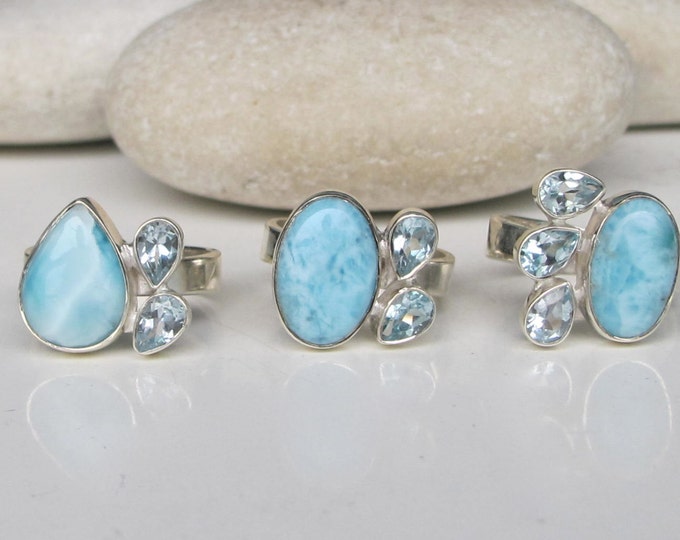 Blue Topaz Larimar Cluster Gemstone Ring- Birthstone Statement Ring- Adjustable Multistone Blue Ring- Something Blue Ring- Unique Blue Ring