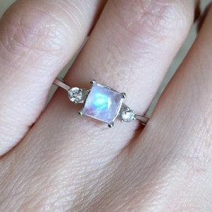 Square Moonstone Promise Ring for Her- Rainbow Moonstone Dainty Three Stone Ring- Princess Moonstone Anniversary Ring- June Birthsone Ring