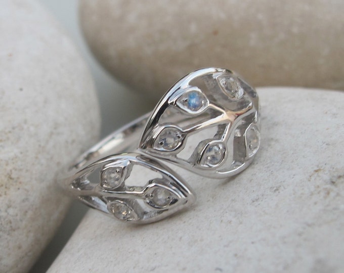 Genuine Moonstone Leaf Ring- Moonstone Silver Adjustable Ring- Moonstone Cluster Friendship Branch Ring- Boho Iridescent Dual Ring