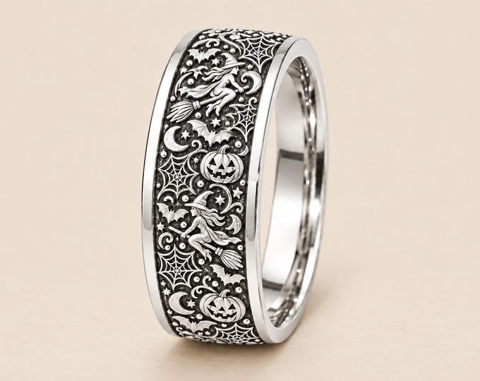 Spooky Halloween Inspired Wide Statement Band with Bats, Cobwebs, Witches and Jack-o'-Lanterns