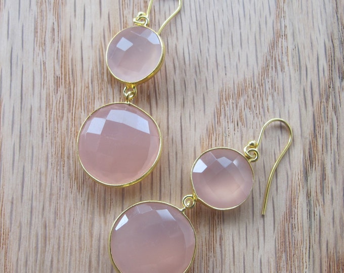 Pink Chalcedony Dangle Earring- Rose Quartz Drop Earring- Pink Double Drop Earring- Long Pink Statement Earring-Sterling Silver Gold Earring