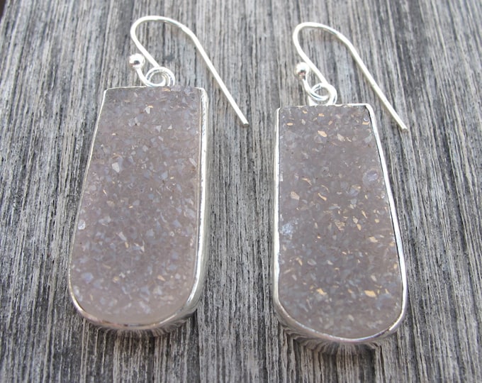 Gray Muted Druzy Dangle Long Earring Sterling Silver Rectangle Boho Statement Earring Long Drop Rough Stone Earring