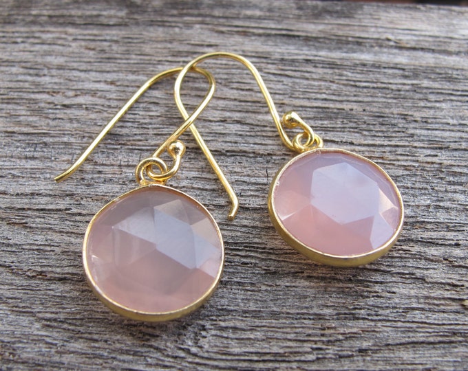Pink Chalcedony Round Drop Earring- Simple Pink Gemstone Dangle Earring- Rose Quartz Bezel Gold Earring- Pink Topaz Pink Quartz Earring