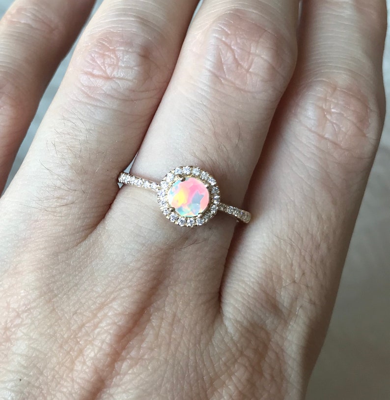 Natural Opal Engagement Halo Ring Genuine Round Opal Promise - Etsy