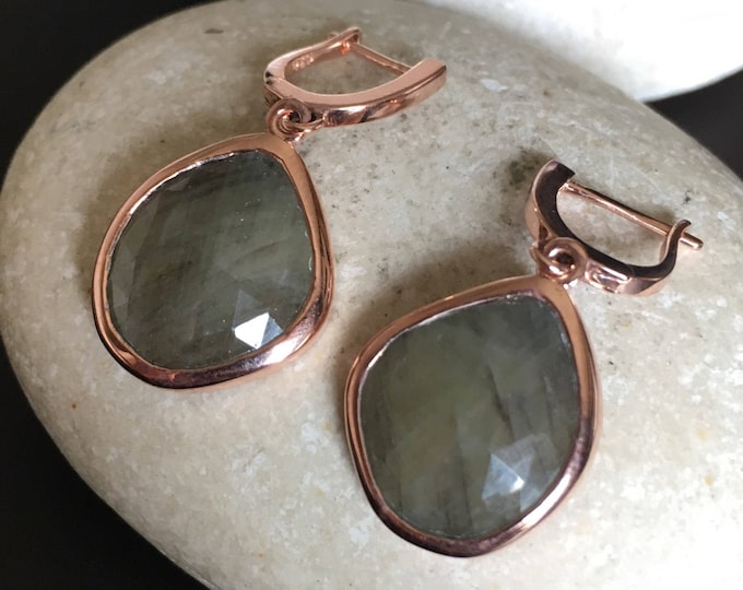 Raw Earring Sapphire Genuine Real Earring Rose Gold Dangle Drop Earring September Birthstone Green Earring Handmade Gemstone Oval