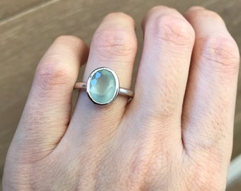 Simple Genuine Aquamarine Oval Ring- Natural Aquamarine Ring- March Birthstone Ring- Blue Solitaire Ring- Aqua Stone Sterling Silver Ring